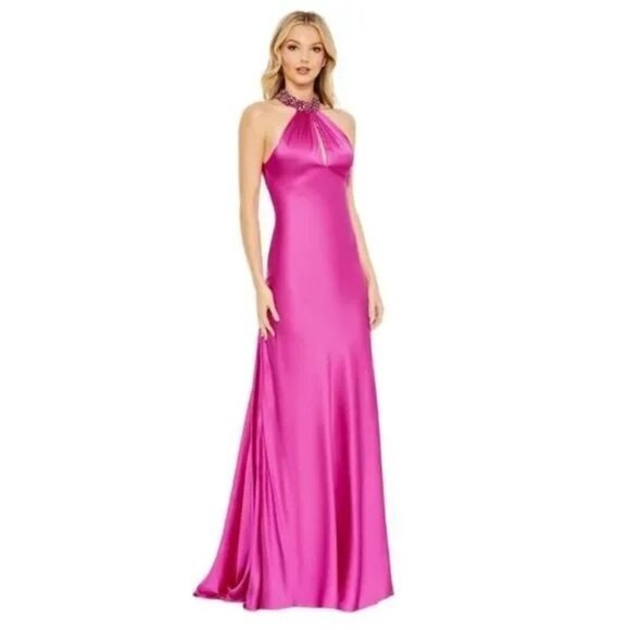 Mac Duggal Beaded Halter Keyhole Column Evening Gown Dress Fuscia Pink Size 2